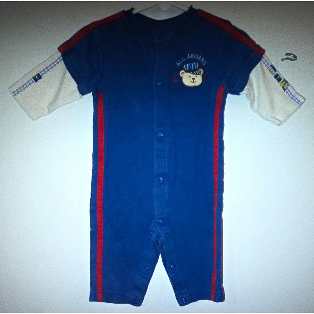 Vintage Little Wonders Blue White Knit Cotton Bear Train 6-9 Months Snap